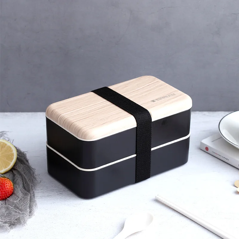 

1200ml Fashion Wooden Cover Lunch Box With Spoon Double Layer Portable Microwave Bento Box Healthy Plastic Food Container
