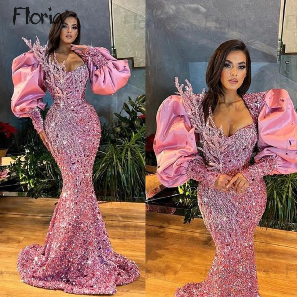 

Aso Ebi Lantern Sleeve Muslim Pink Sparkly Long Celebrity Dresses 3D Floral Gorgeous Wedding Party Gowns Plus Size Custom Formal