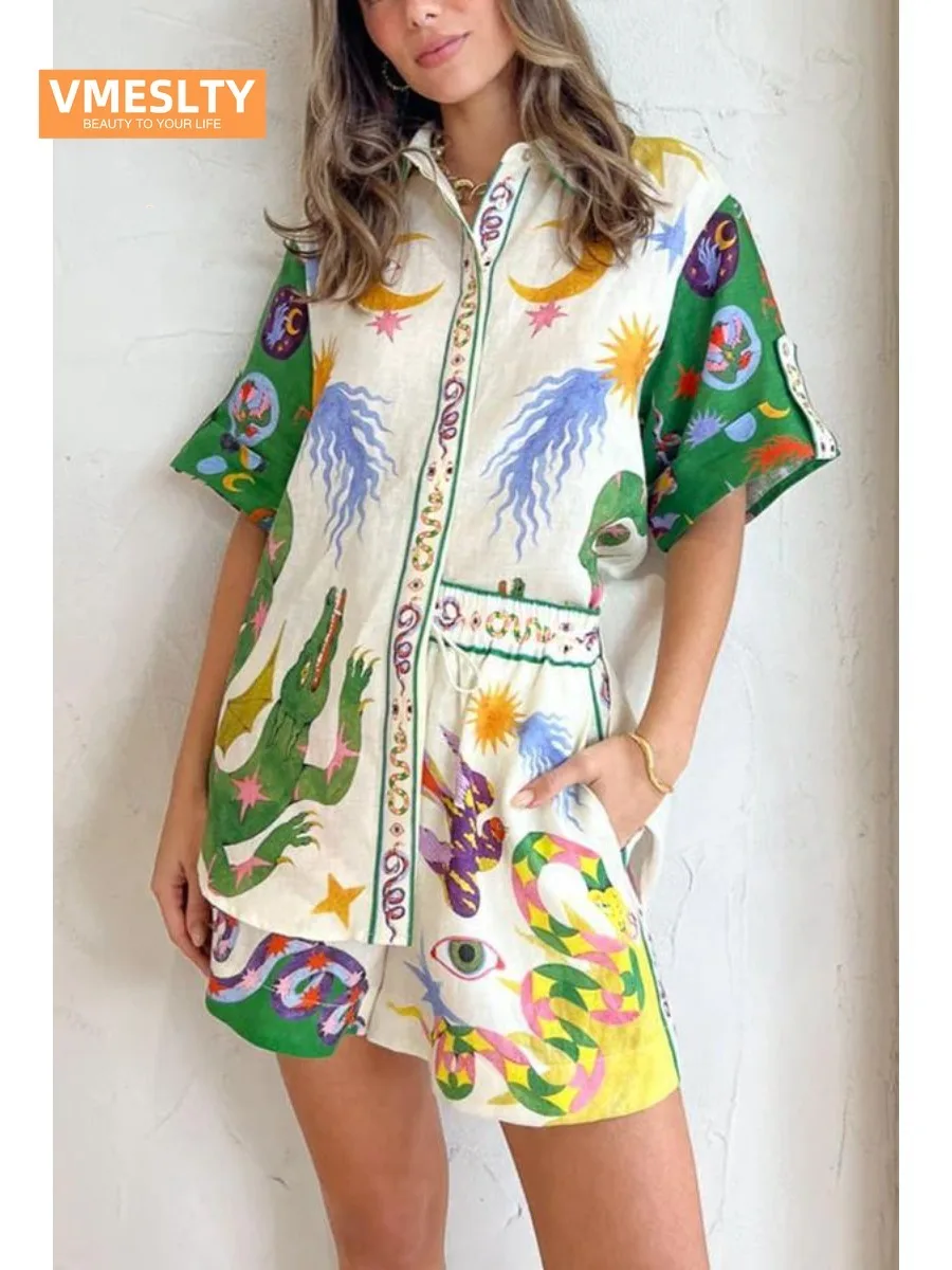 

VMESLTY Summer Short Sleeve Shorts Ethnic Style Printing Simple and Comfortable Sleepwear Home Furnishing Casual Set