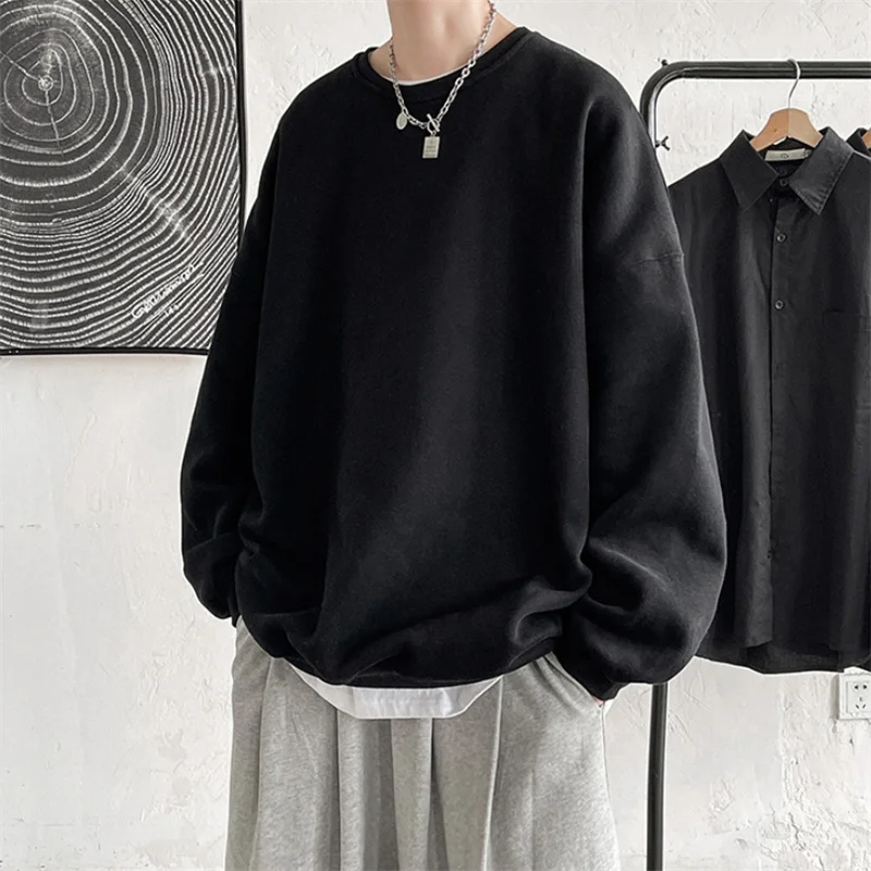 Men Harajuku Sweatshirts Korean Hip Hop Solid Color Basic O Neck Oversized Pullovers 2022 Autumn Fashion Casual Long Sleeve Tops