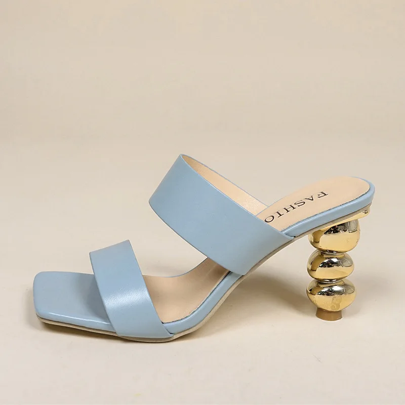 

2022 Summer Design Metal Strange High Heels Summer Women Slipper Elegant Square Toe Slip-On Sliders Shoes Ladies Sandals Size 42