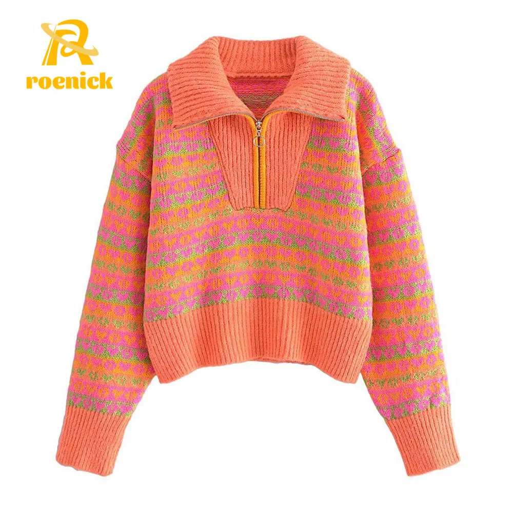 

ROENICK Women Fashion With Zip Loose Jacquard Sweaters High Neck Long Sleeve Knitted Tops Female Vintage Chic Pullovers Jumpers