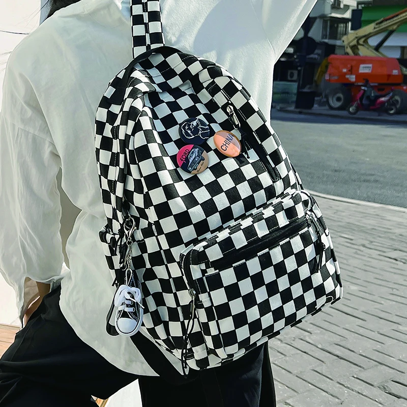 

Simple Women's Nylon Backpack for Cute Girls Plaid School Bag Large Capacity Travel Rucksack Ladies Anti Theft Canvas Mochila