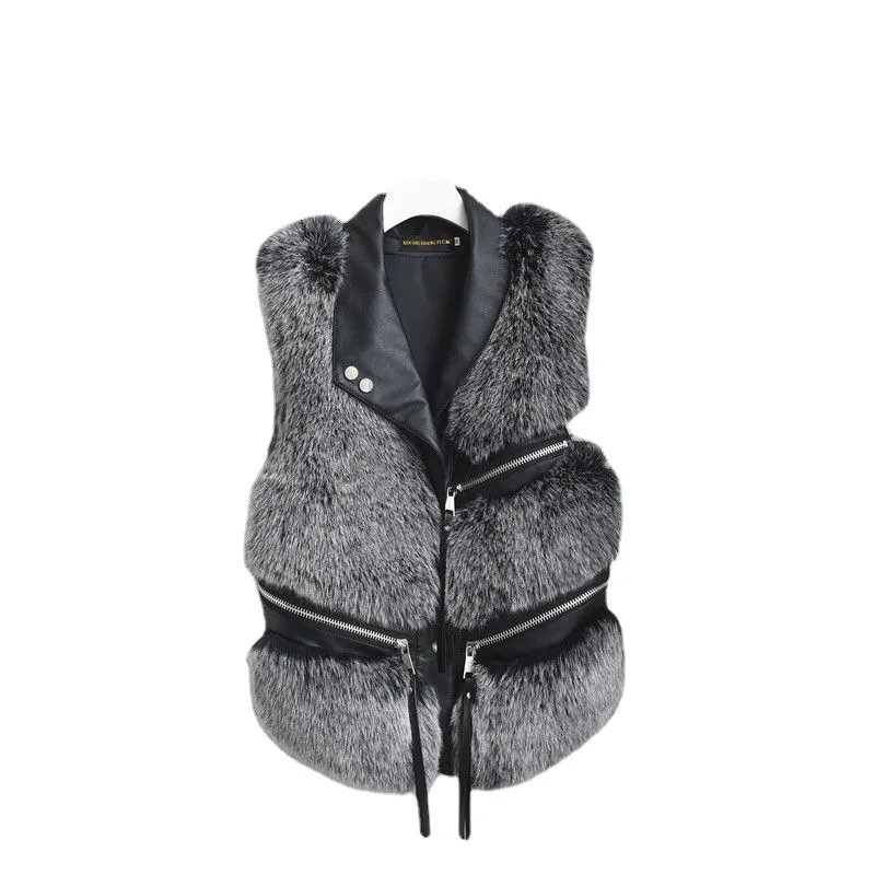 Leather vest Women's lapel no cufflinks Slim fit large imitation fur coat 2021 fur one-piece jacket