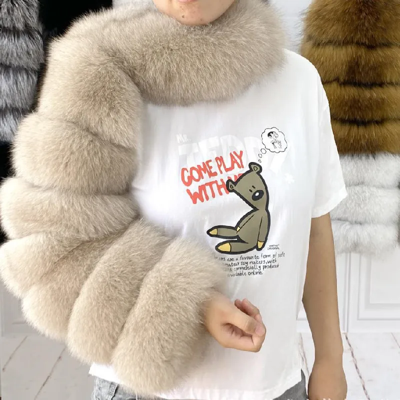 

Fashion Real Fox Fur Long Sleeve Coat Women 2023 New Patchwork Single Sleeve Warm Short Jackets Femme Furry Top High Quality