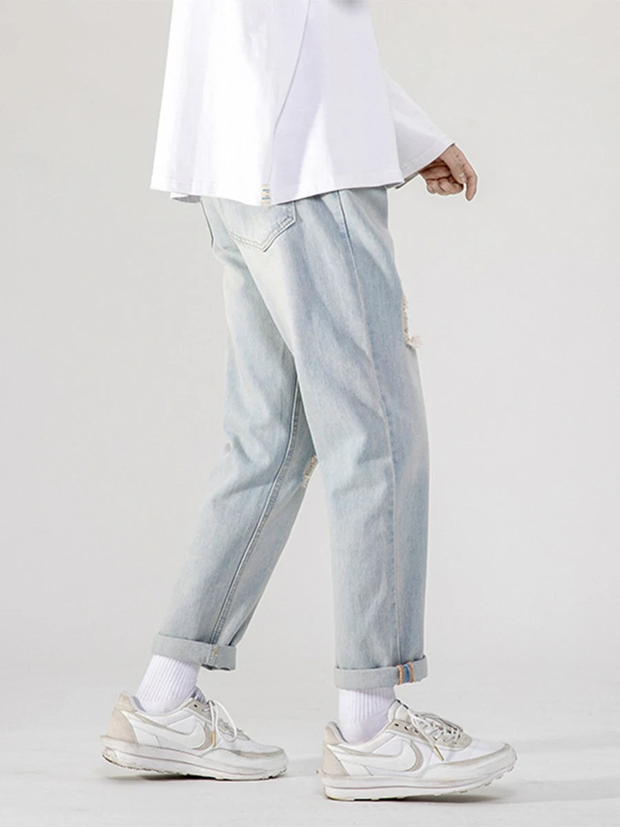 Spring and Autumn Korean Version Men's Ripped Straight Jeans Casual Nine-point Pants Fashion Streetwear Men's Ins Hot Sale JEANS