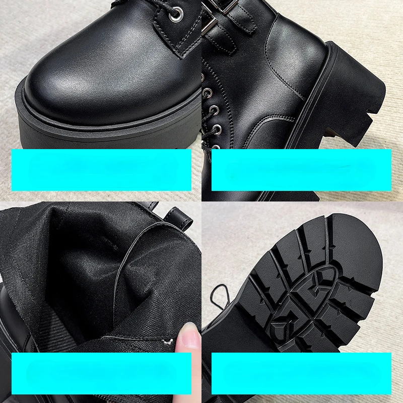 2022 Autumn New Ankle Boots Women Casual Platform Shoes Women PU Leather High Top Thick-heel Motorcycle Boots Female