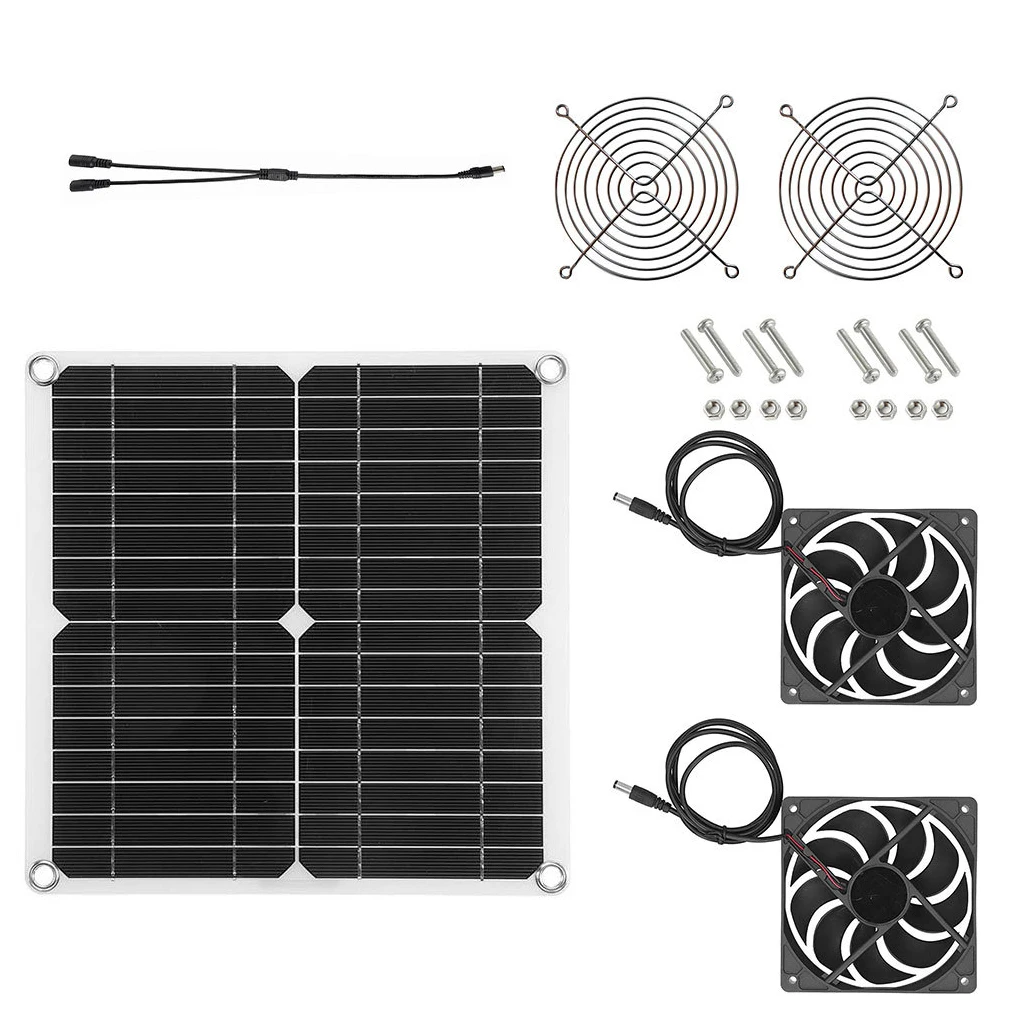 

12V Solar Panel Powered Fan Mini Exhaust High Conversion Respirator Air Extractor Double Fans for Dog Chicken House RV