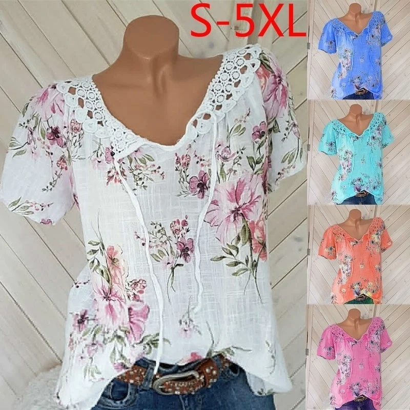 Women Fashion Trendy Short Sleeve Lace Up Floral Print Blouses Tops  T-Shirts Casual Summer Lace Stitching Shirts