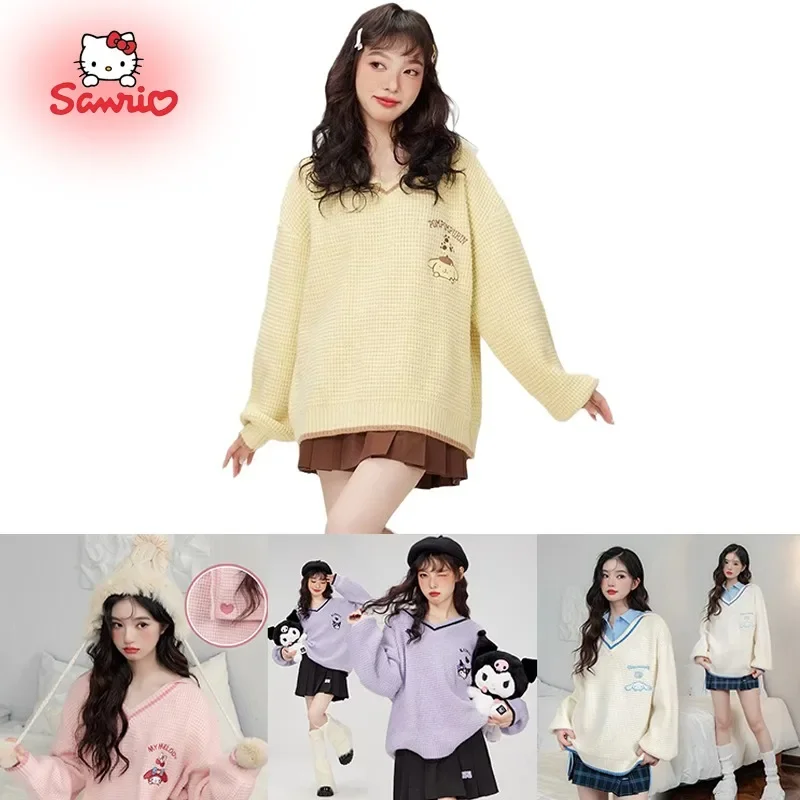 

Kawaii Sanrios Series Cinnamoroll My Melody Kuromi Jk Uniform Checkerboard Sweater Cardigan College Style Anime Loose Sweet Top