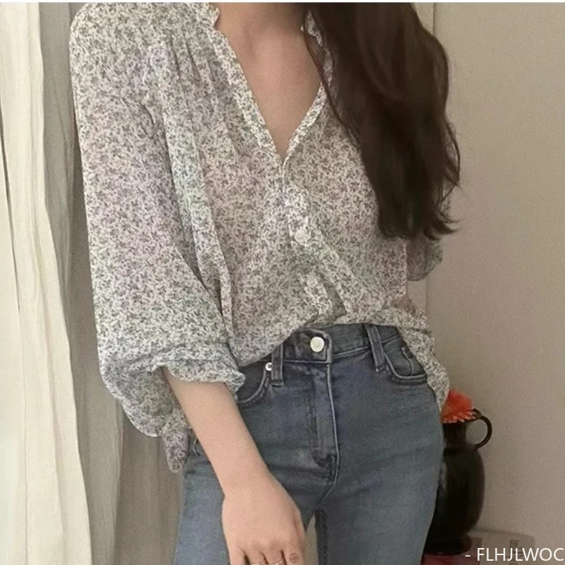 

Летние винтажные рубашки в стиле ретро с расклешенными рукавами, милые женские корейские и японские стильные тонкие прозрачные шикарные топы с оборками для девочек, блузы FLHJLWOC