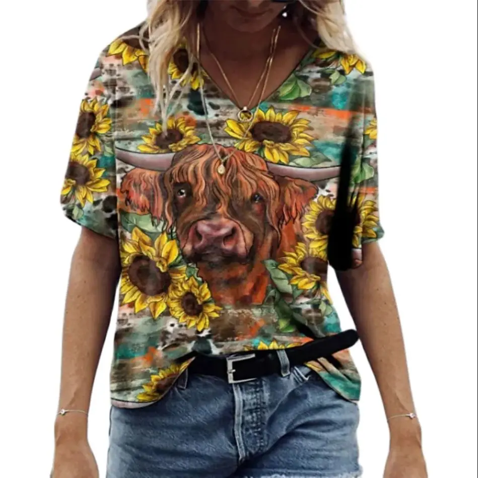 Women's T Shirt Fashion Cow Graphic Kawaii Print Top Tee Shirts V-neck Short Sleeve Casual Ladies Blouse Vintage Female Clothing images - 6