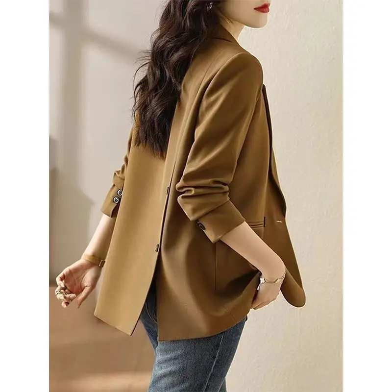 Coffee Suit Jacket Women's Spring Autumn Large Casual Jacket Loose Professional Sstitching Small Suit