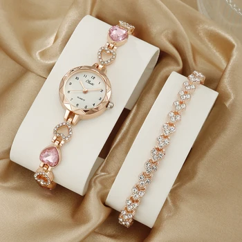 2PCS Set Luxury Watch Women Bracelet Rhinestone Fashion Wristwatch Casual Ladies Watches Bracelet Set Clock 1