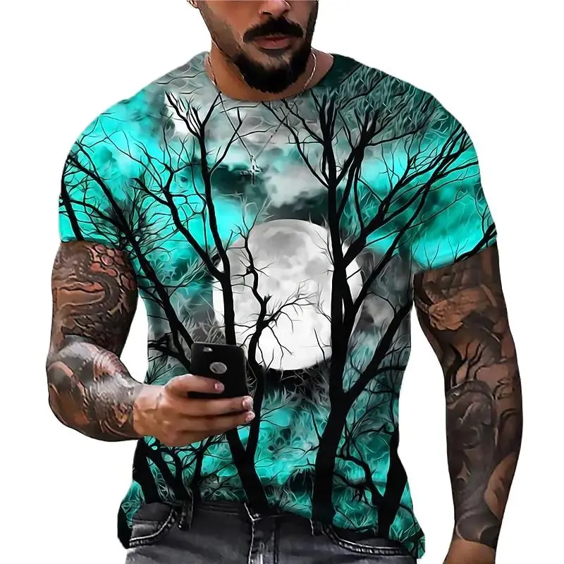 Moon Print T Shirts For Men Breathable Polyester Round Neck Short Sleeve Loose Tops Tees Casual Oversized T-shirts Men Clothing