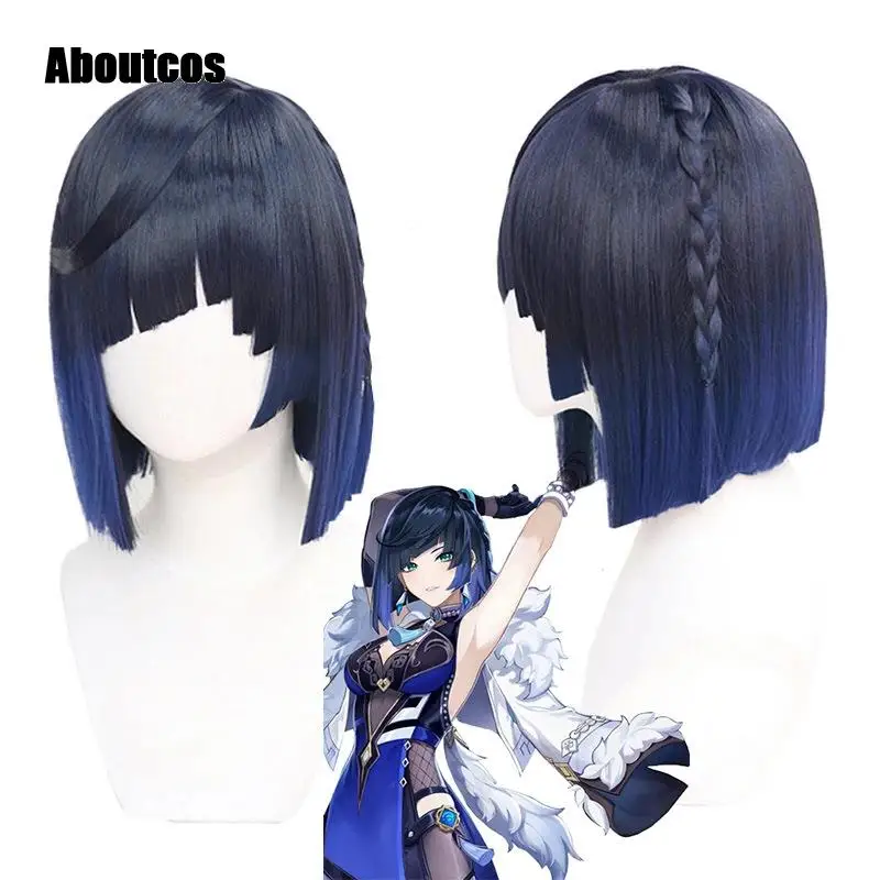 

Aboutcos Genshin Impact Yelan Cosplay Wig Short Straight Women Heat Resistant Synthetic Hair Anime Gradient yelan Wigs