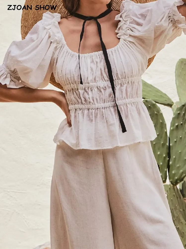 

Винтажная белая хлопковая короткая рубашка в стиле ретро, эластичная укороченная блузка с рюшами, квадратным воротником и короткими рукава...