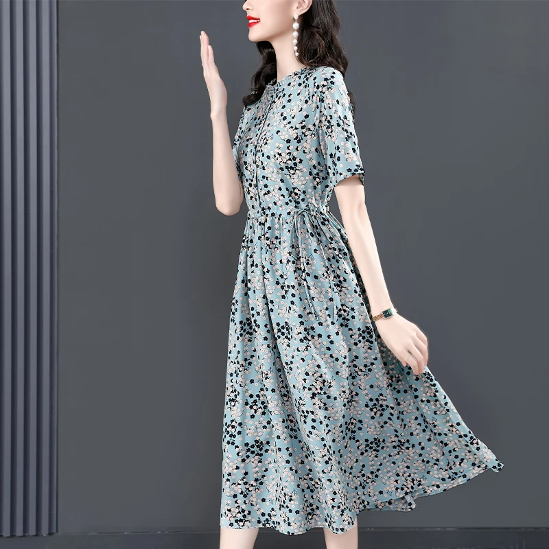 Summer New Women's Dress Plus Size5XL Ice Silk Printing Dresses Female Korean Short-Sleeved Over The Knee Lady |