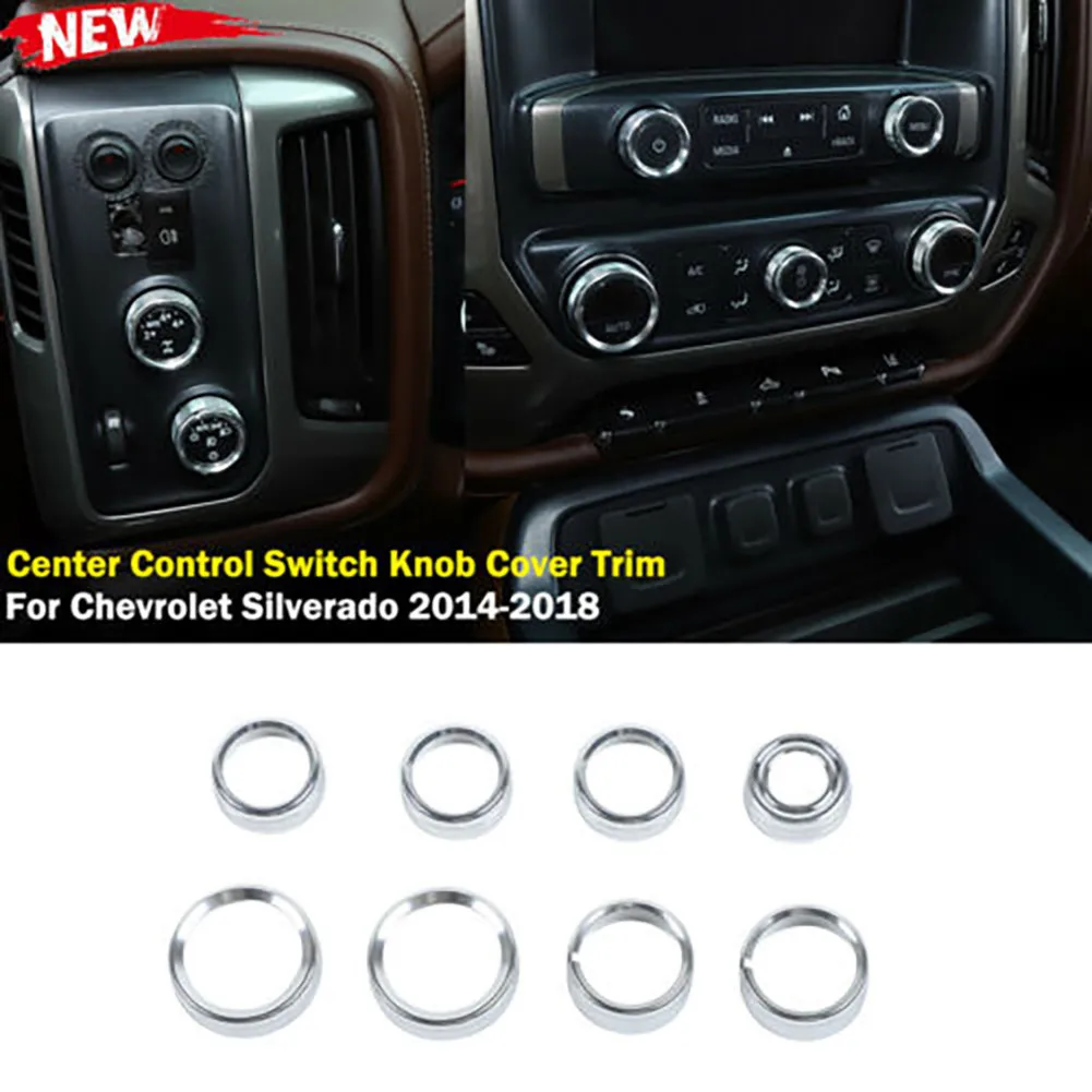 

Silver Auto Central Control Switch Button Knob Ring Trim Bezel For Chevy Silverado 2014-2018 Interior Mouldings Car Accessories