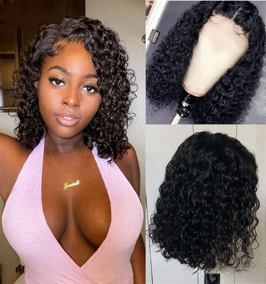 

Curly Short Bob 13x4 Lace Front Human Hair Wig Black Women Pre Plucked Glueless Deep Wave Frontal Wig Remy 180%