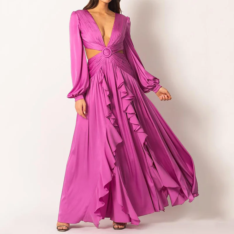 

Woman Dress High Waist V-neck Women's Dress Pleated Solid Color Ruffled Dress Dresses For Women