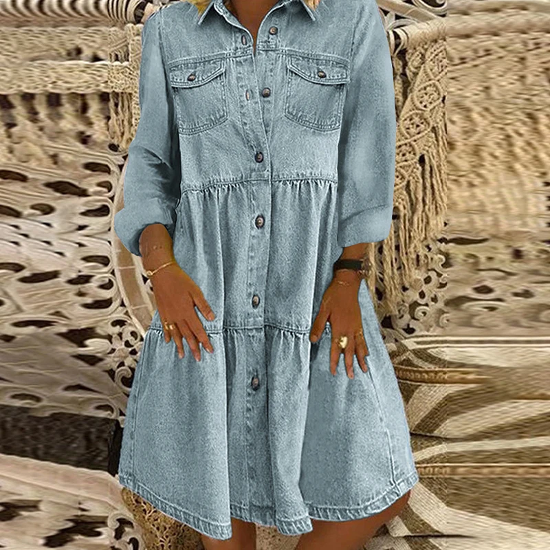 

Vintage Pleated Single Breasted Midi Dress Women Long Sleeve Lapel Loose Office Dress New Fall Fashion Party Shirt Denim Dresses