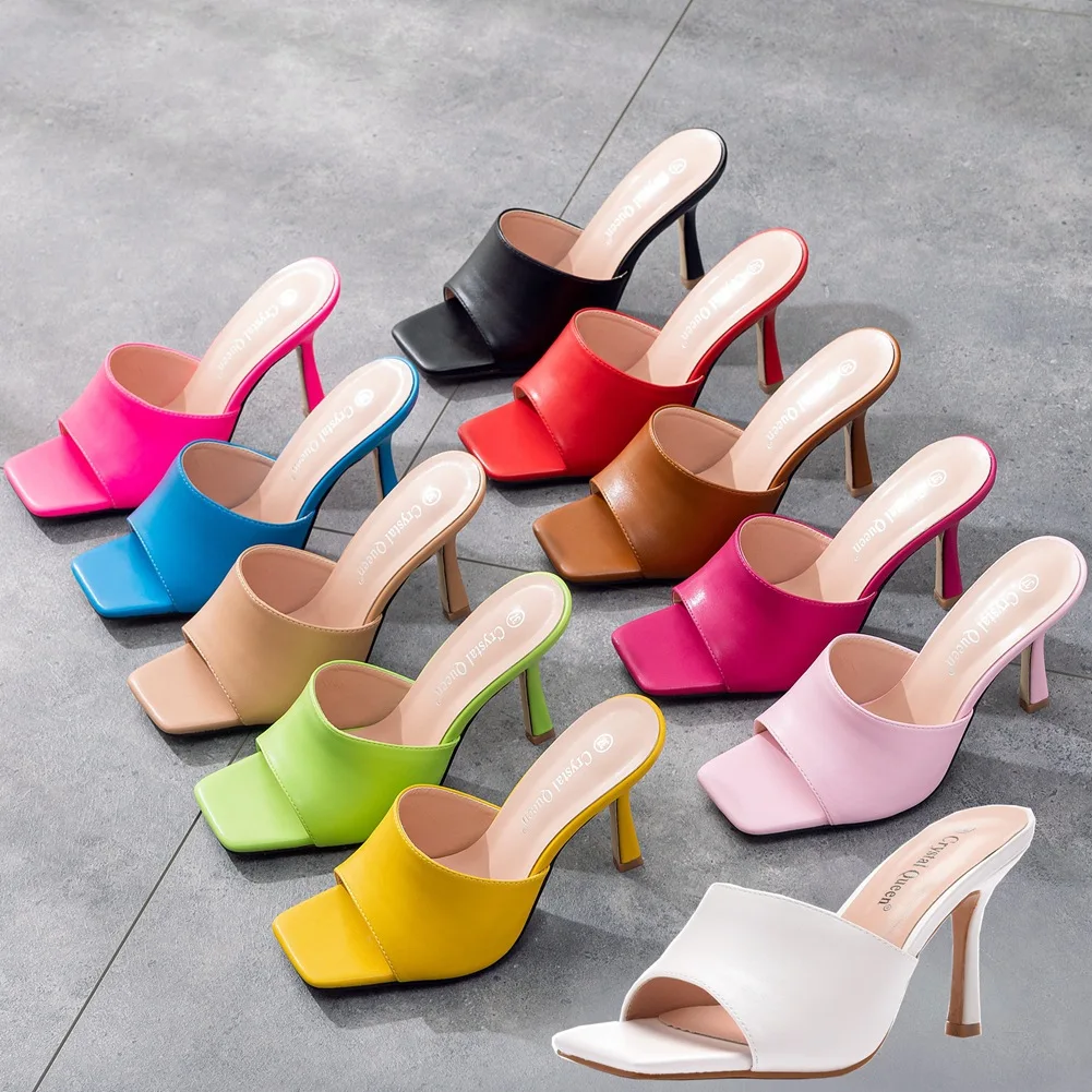 

Summer Sandals Women Slip-On Square head Basic PU 9CM Thin Heels Xiao Xiangfeng Wine Cup High Heel Modern Sandals wathet