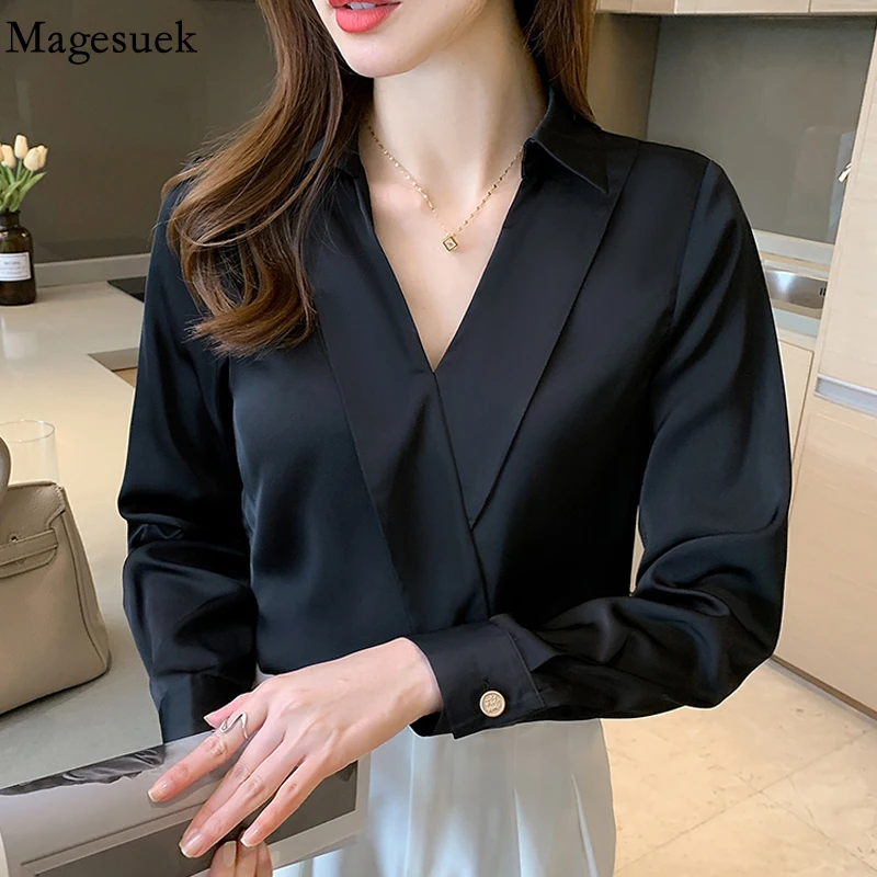 

Vintage V-neck Silk Blouse Simple Elegant 2022 Autumn Long Sleeve Women Fashion Top Office Lady Chiffon Shirts Blusa Mujer 16422