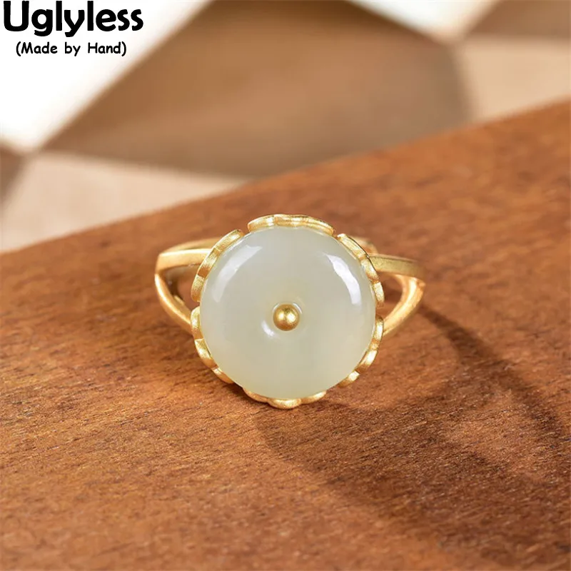 

Uglyless Peace Button Rings for Women Natural Gemstones Jade Open Rings Simple Fashion Bijoux Gold 925 Silver Statement Jewelry