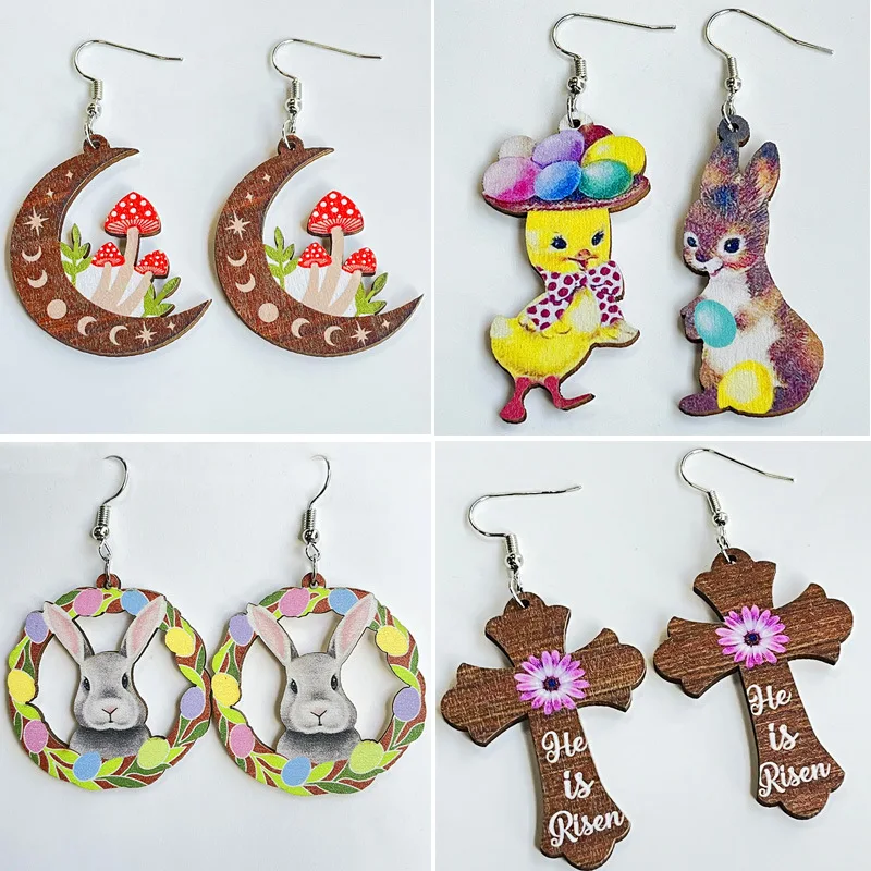 

Easter Wood Earrings Children's Ladies Cute Funny Earrings Mushroom Cross Rabbit Bunny Colorful Eggs Silver Needle Earring