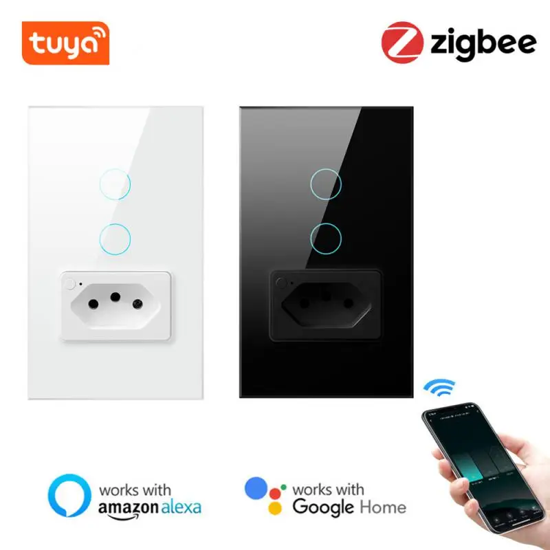 

Выключатель Tuya Smart Zigbee, настенный, с бразильской розеткой, сенсорный, датчик освещенности, прерыватель, работает с голосовым помощником Alexa, Google Home
