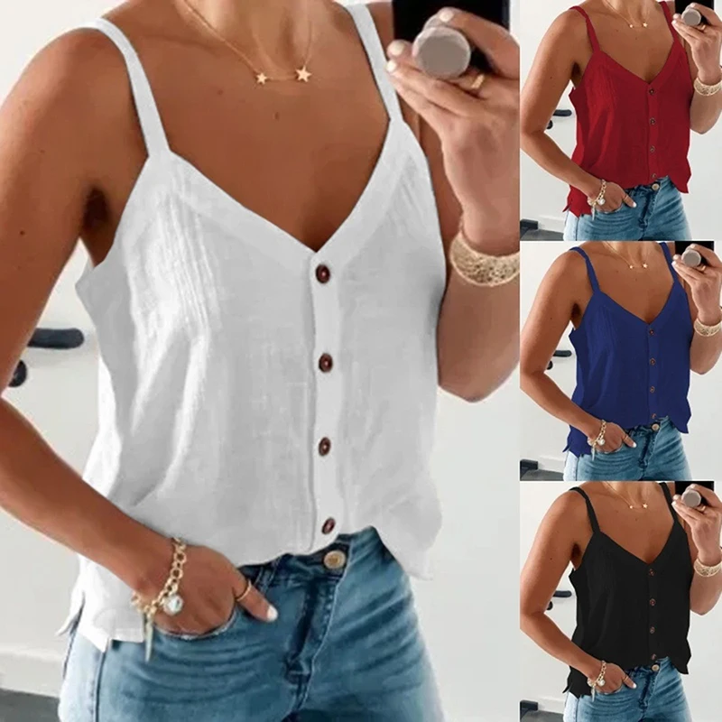 

Women's Fashion Sleeveless T-Shirt Vest 2023 Summer Sexy Tank Tops Solid Color Casual V-Neck Button Sling Blouse For Female