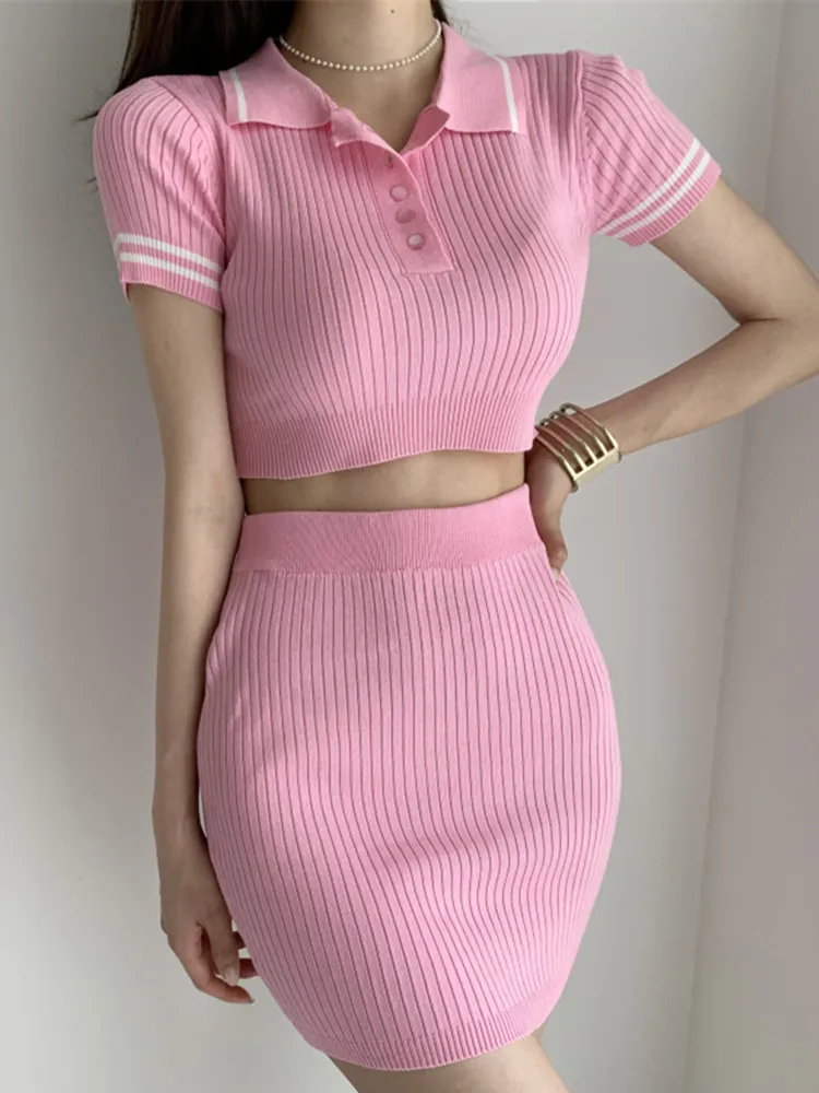 

Женский трикотажный комплект из двух предметов, розовый топ в полоску контрастных цветов с лацканами и мини-юбка с высокой талией, Y2k, лето ...