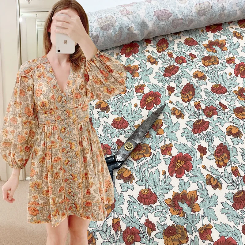 

New Holiday Style Series Small Flowers Cotton and Linen Fabric Digital Printing Clothing Skirt High-definition Fabric Character