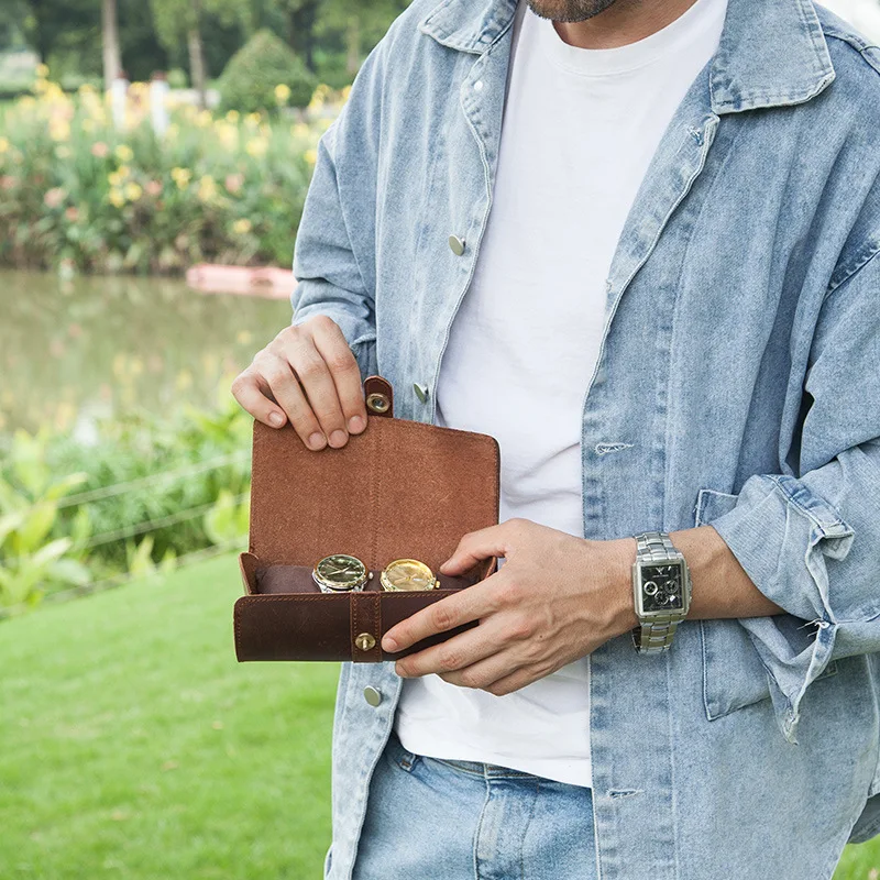 Leather Watch Box Organizer for Men Travel Storage Bag Luxury Retro Crazy Horse Skin Package Case for Watch Portable Display New