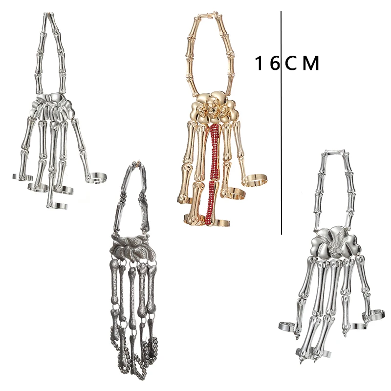 Fashion Charm Handmade Halloween Wristband Skull Fingers Metal Skeleton Hand Bracelet With Ring For Women Birthday Gifts