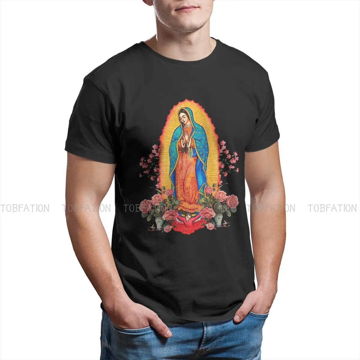 

Catholicism Roman Catholic Church God and Jesus Christ TShirt for Men Virgin Of Guadalupe Basic Casual Sweatshirts TShirt