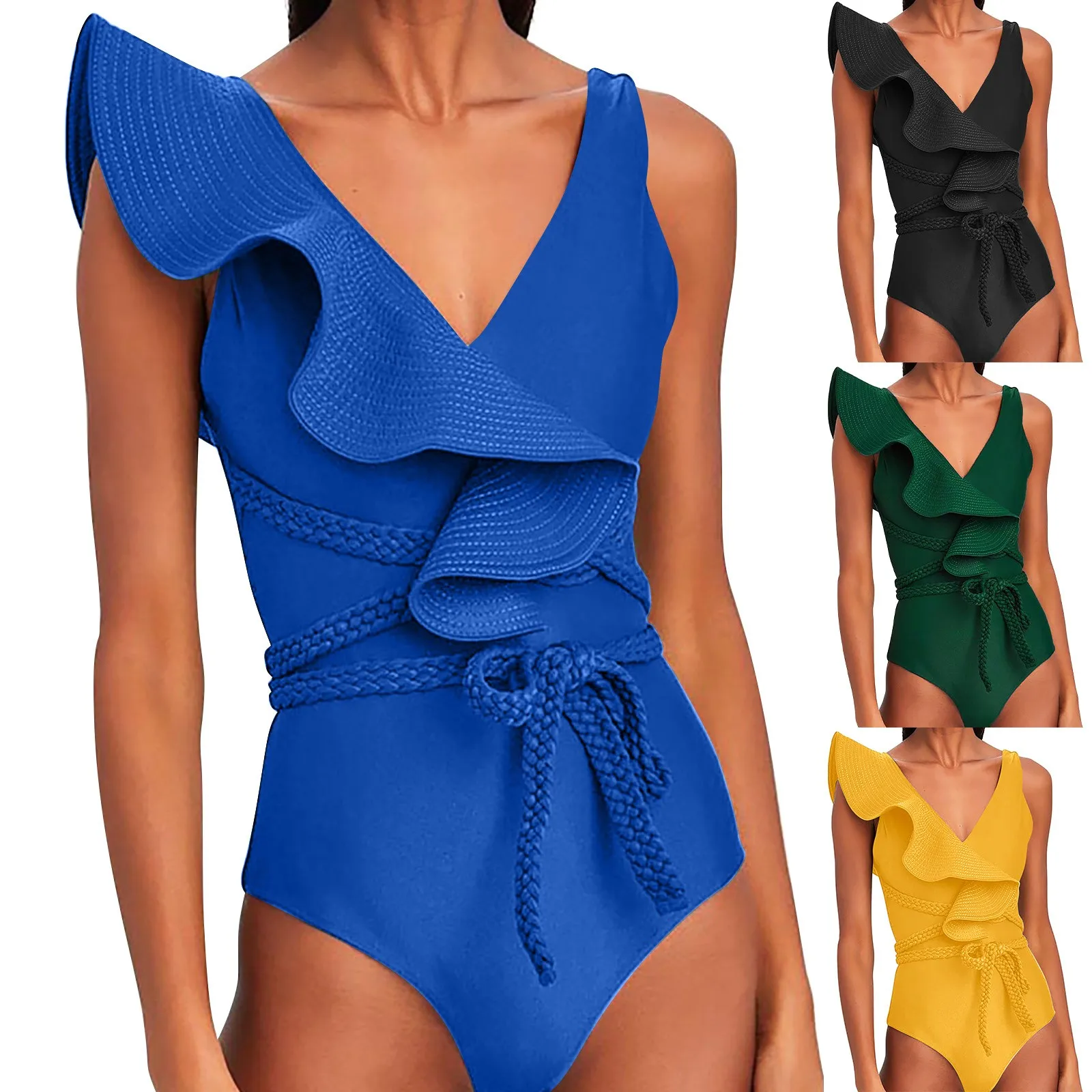 

Solid Color Heavy Industry Pressure Line Unilateral Ruffles Braided Rope Belt Swimsuit Zipped Crotch Shorts