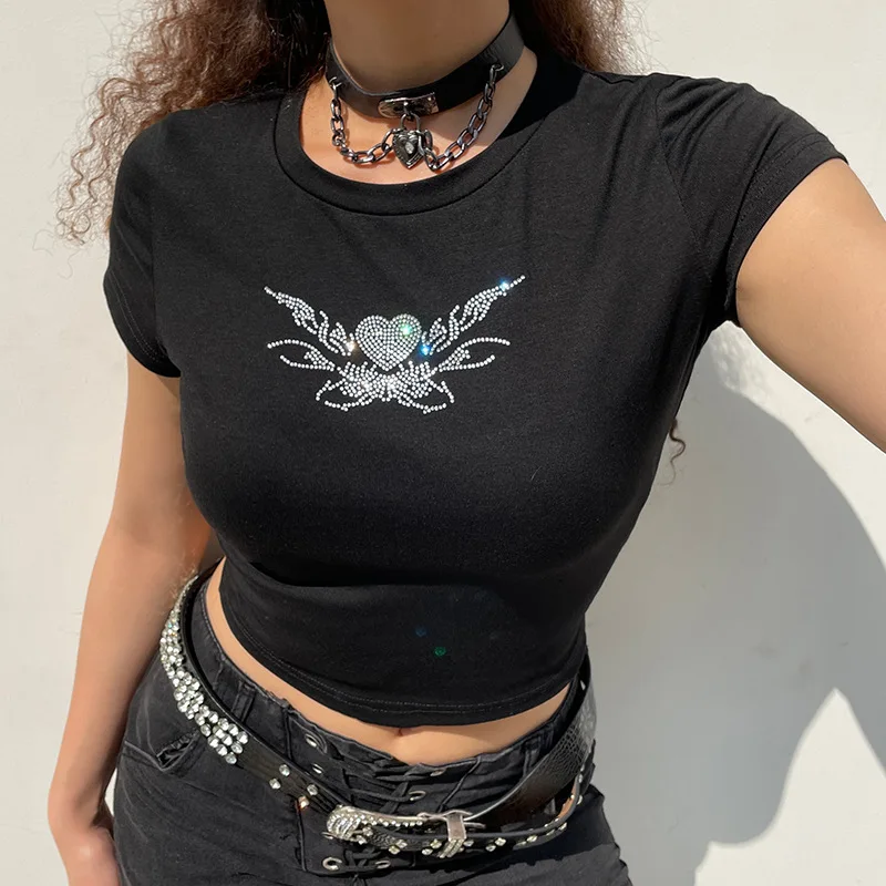 

2022 Summer Y2k Clothes Street Tight Sexy Hot Drill Crew Neck Short Sleeve Diamond Women's T-shirts Top Pullover Skinny T-shirt