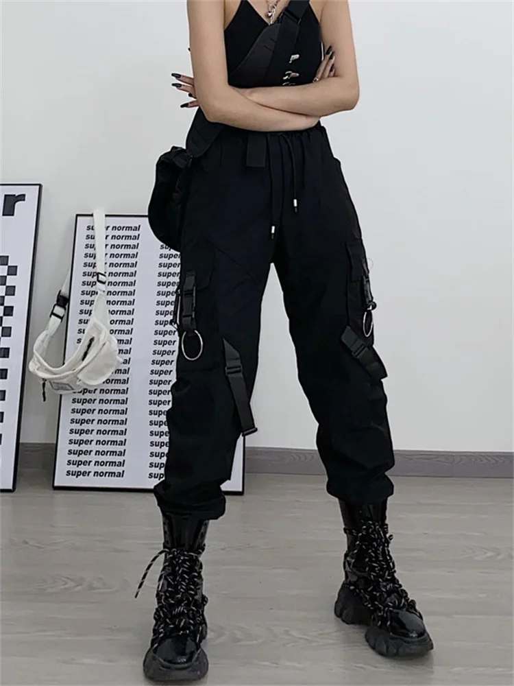 

QWEEK Techwear Gothic Black Cargo Pants Women Punk Streetwear Hip Hop Joggers Harajuku High Waist Ribbon Loose Female Trousers