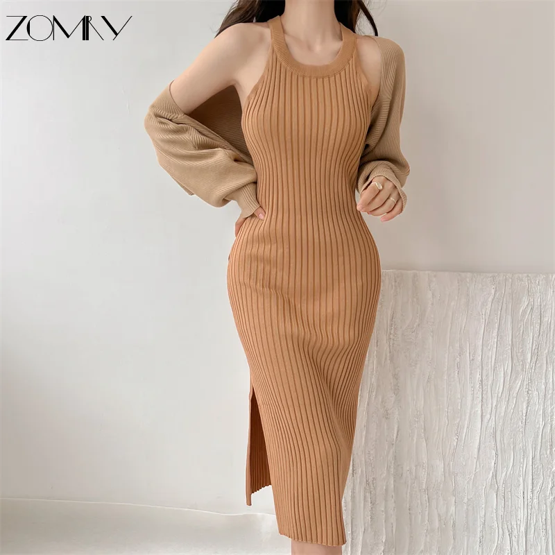 

ZOMRY Women Two Piece Sets Warm Knitted Dress Fleece Autumn Sweater Tank Elegant Outfit Winter 2023 Fashion New Street Clothing