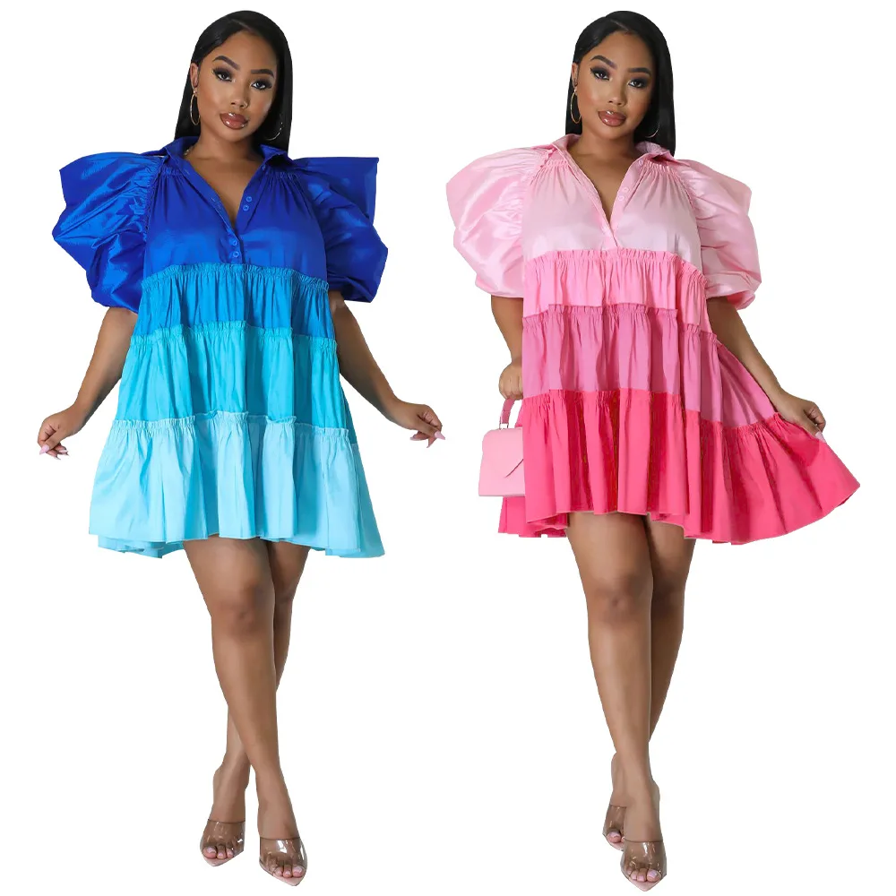 

Women's popular V-neck contrasting satin dress with a patchwork A-line hem short skirt