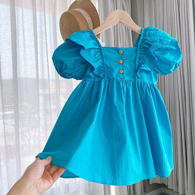 

Girls Dress 1-8Y Summer New Fashion Short Sleeve Dress Cotton Solid Color Puff Skirt Puff Sleeve Princess Dress Girls Dress