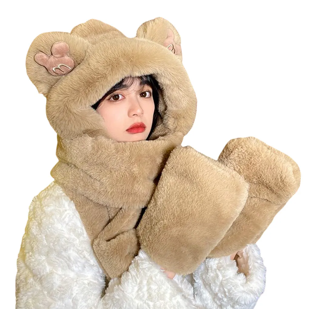 

3-in-1 Women Warm Hat Hiking Scarf Gloves Cap Multifunctional Headwear