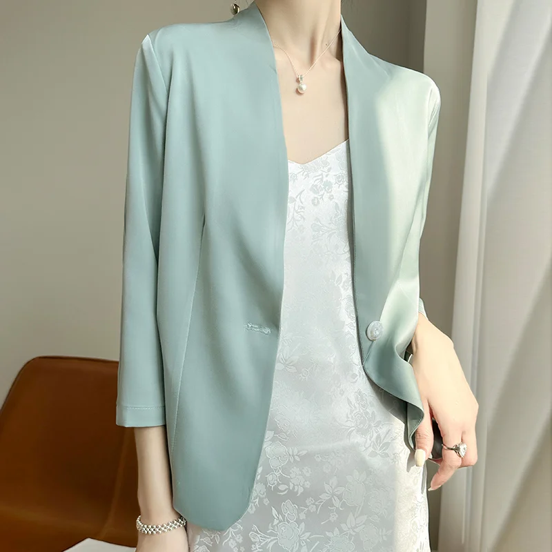 Three-Quarter Sleeve Acetic Acid Satin Small Suit Jacket Women's Summer Thin Suit Jacket High-Grade Casual Jacket Sleeve