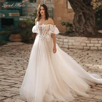 elegant boho tulle a line wedding dresses off the shoulder lace appliqued bride dresses backless bridal gowns vestidos de novia