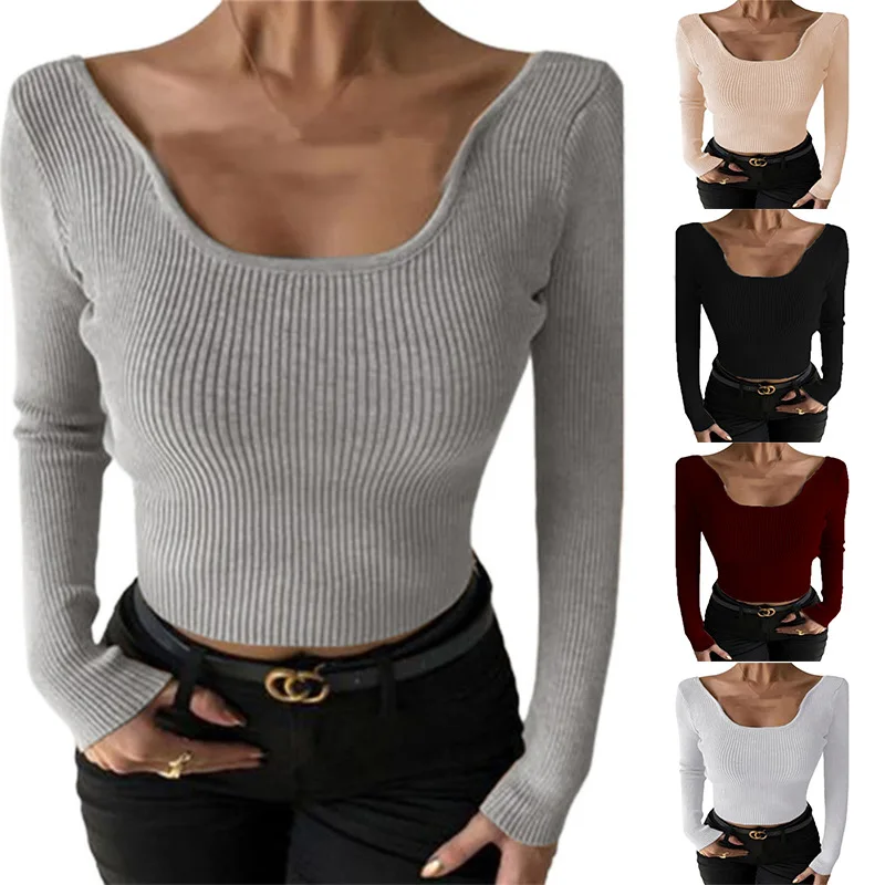 

Женская облегающая футболка с вырезами, повседневная трикотажная Однотонная рубашка с длинным рукавом и U-образным вырезом в уличном стиле,...