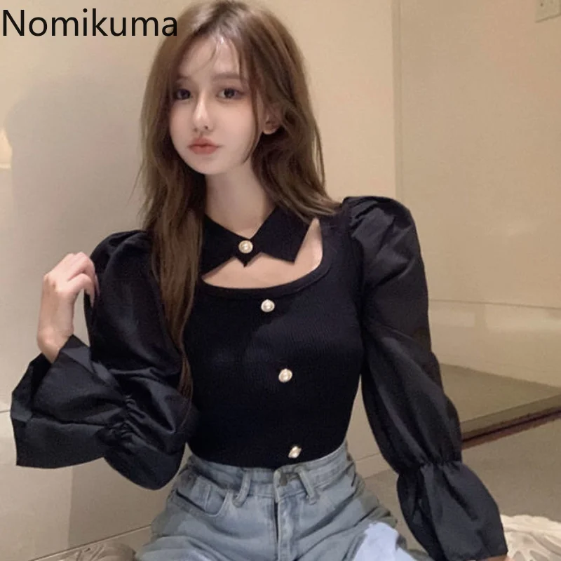 

Nomikuma Blusas Mujer De Moda 2022 пышные рукава перфорированные вязаные Лоскутные шикарные рубашки блузки винтажные элегантные Blusa Feminina