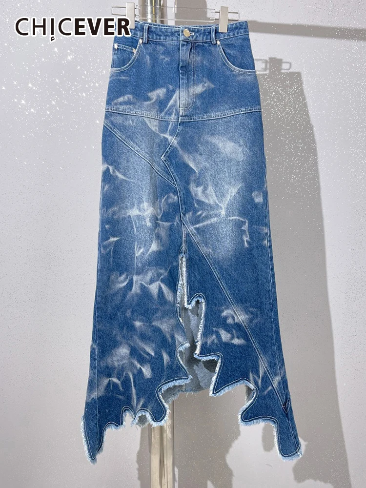 

CHICEVER Tie Dye Denim Skirts For Women High Wasit Patchwork Zipper Hit Color Slim Bodycon Irregular Hem Maxi Skirt Female New