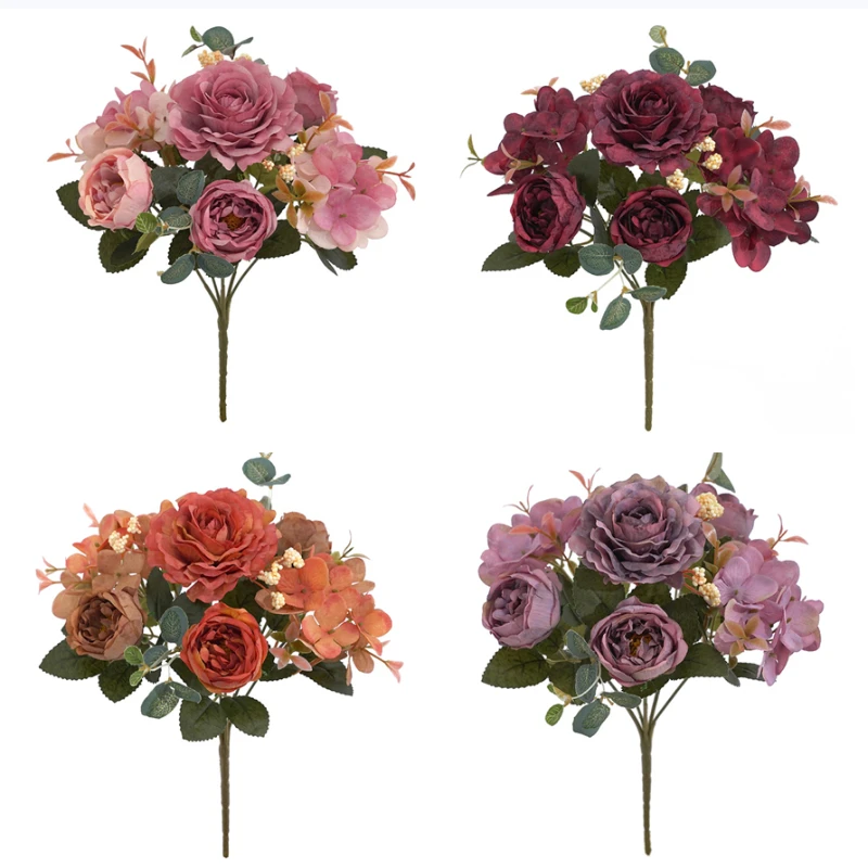 

Artificial Flowers Retro Silk Rose Bouquet Hydrangea Peony Vintage Bride Holding Fake Flower Home Accessories Wedding Decoration